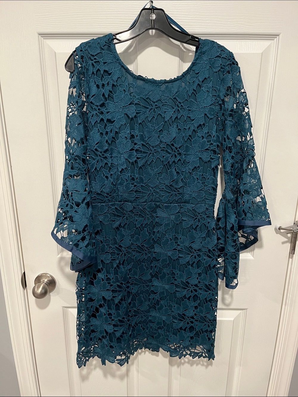 She + Sky Teal Crochet Floral Long-Sleeve Dress